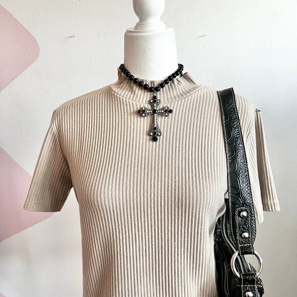 Vintage Ribbed Mock Neck Top 90s Y2K Minimalist Indie‎ Retro Grunge Small - Picture 2 of 6